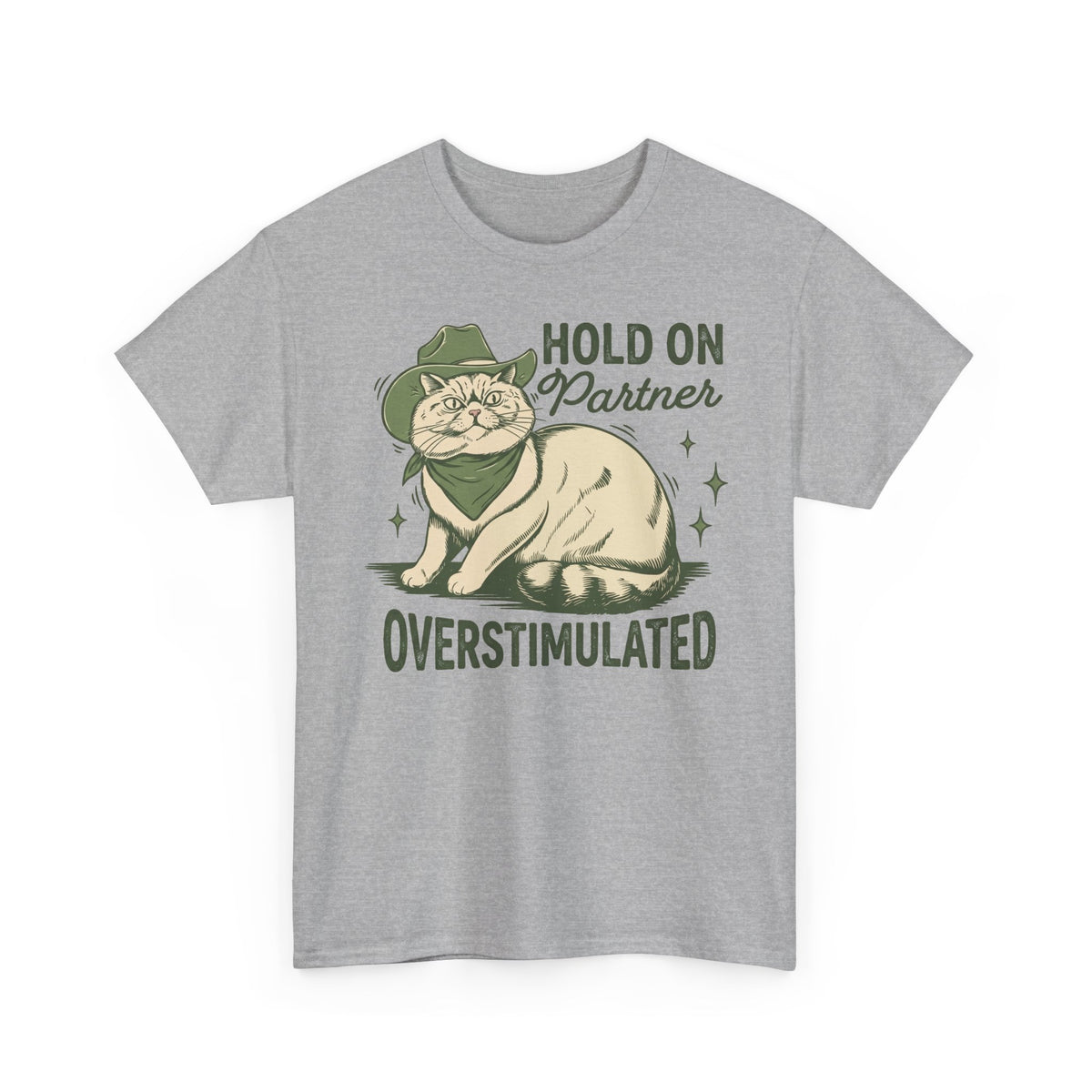 Hold On Partner Overstimulated Cat Tee — Funny Cowgirl Cat Graphic T-Shirt