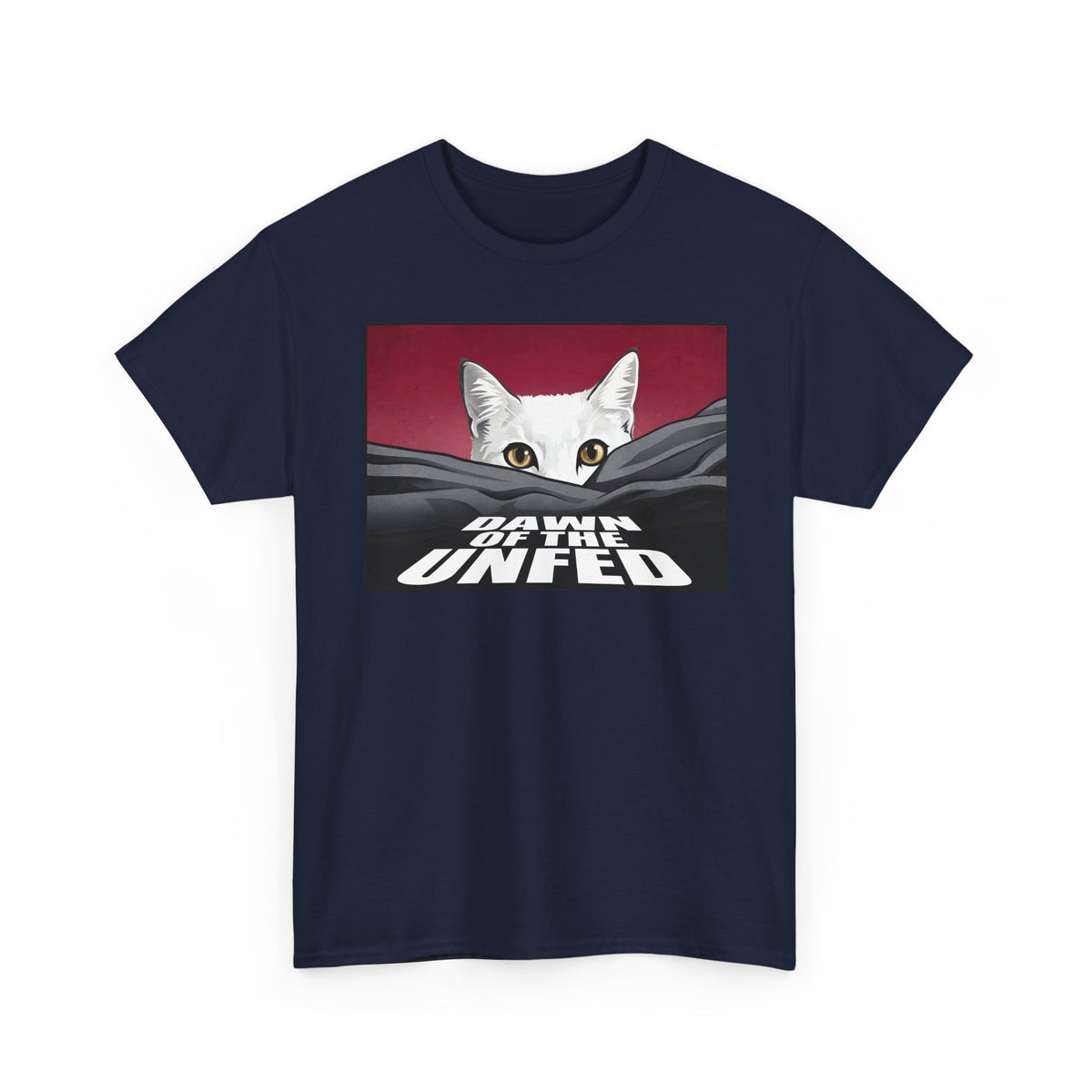 Dawn of the Unfed T-Shirt — Funny White Cat Horror Movie Parody Tee