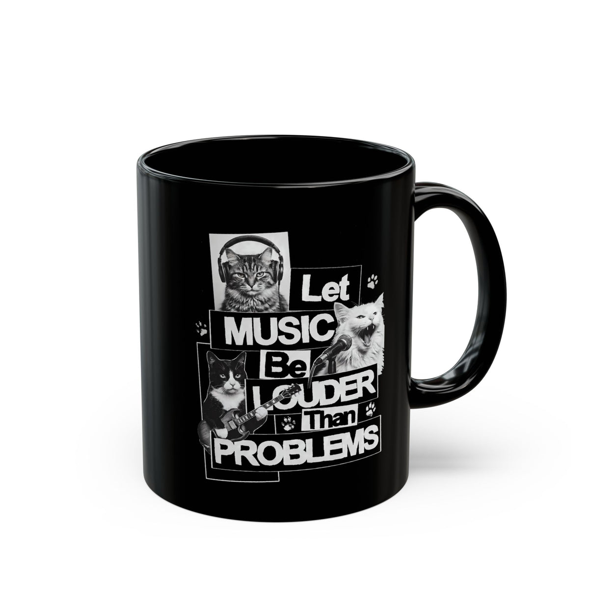 Let Music Be Louder Than Problems Black Mug — Funny Grunge Rock Cat Band Mug