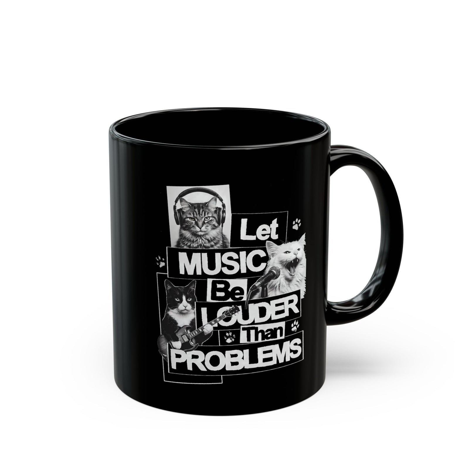 Let Music Be Louder Than Problems Black Mug — Funny Grunge Rock Cat Band Mug