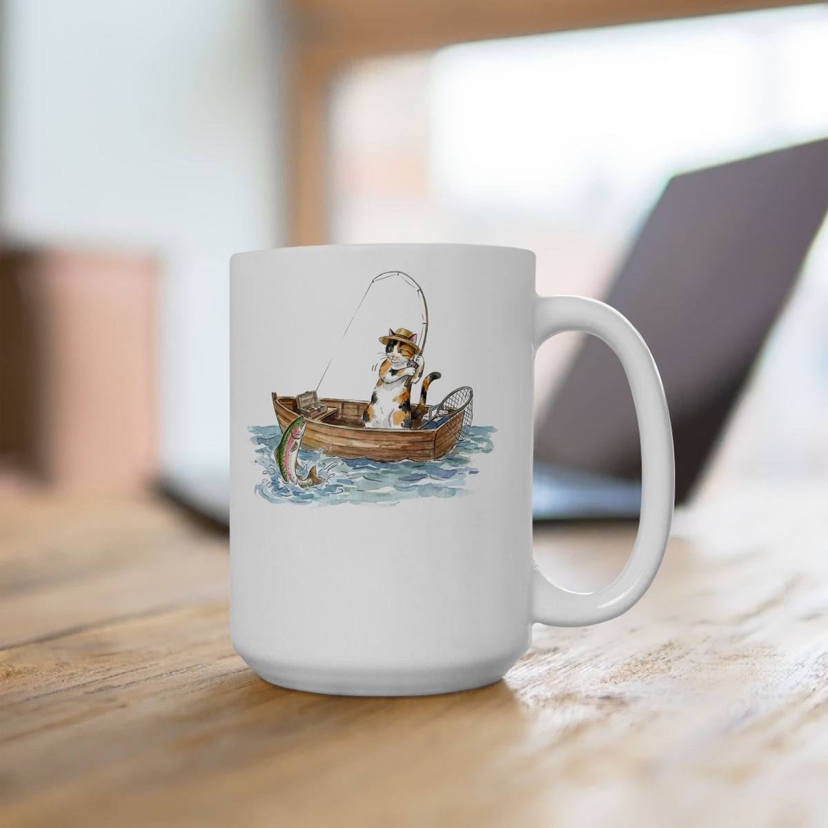 Cat Fishing Ceramic Mug — Funny Fishing Cat Graphic Mug