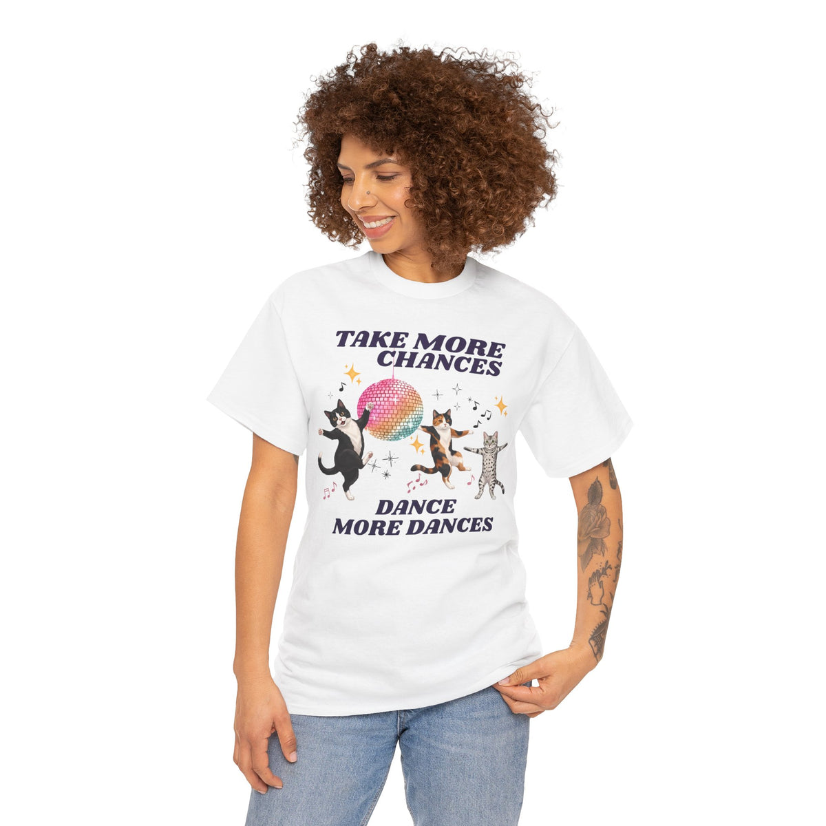 Take More Chances Dance More Dances T-Shirt — Funny Dancing Cats Disco Tee