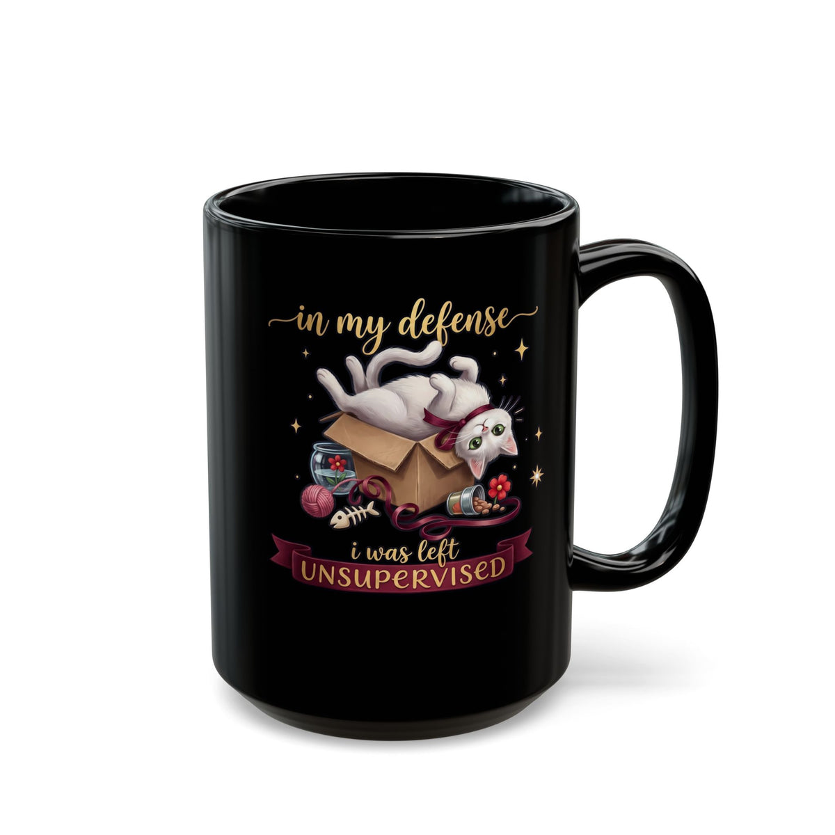 In My Defense I Was Left Unsupervised Black Mug — Funny Cute White Cat Mug