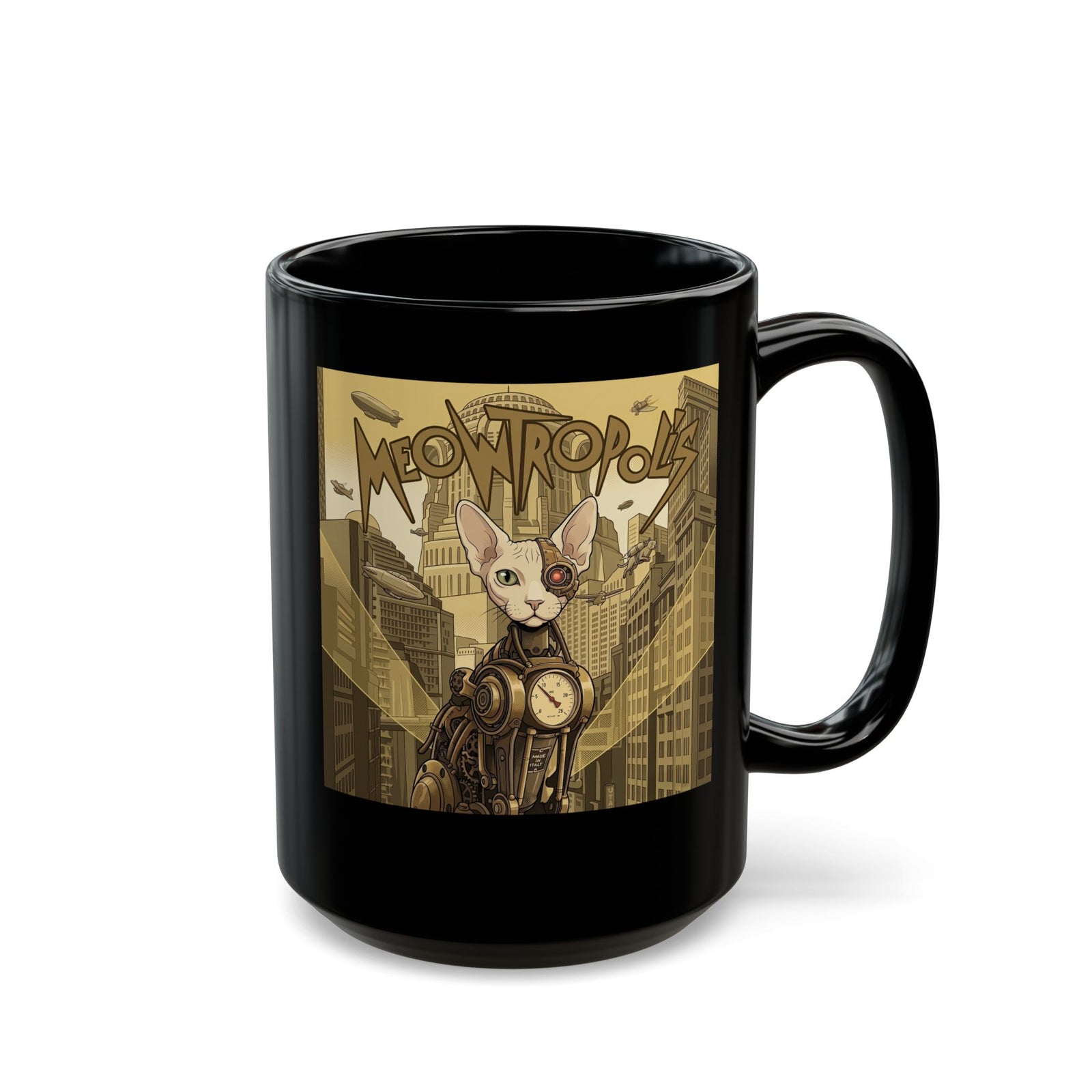 Meowtropolis Sci‑Fi Cat Black Mug — Futuristic Cat Graphic Mug