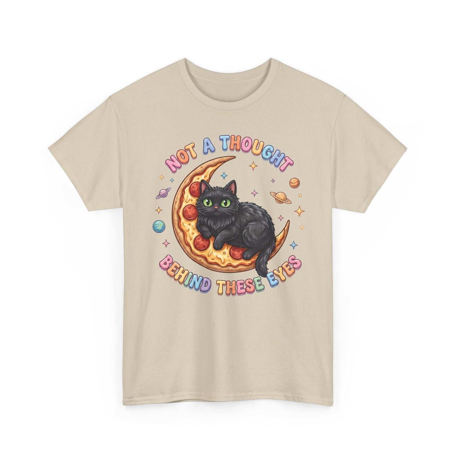 Not A Thought Behind These Eyes T-Shirt — Funny Black Cat Pizza Moon Tee