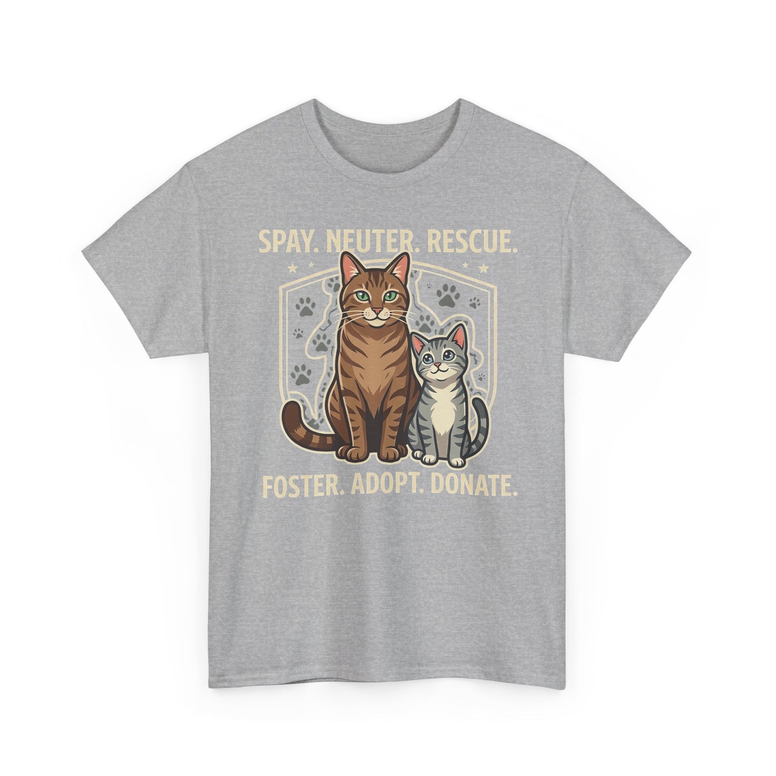 Cat Rescue T-Shirt - "Spay. Neuter. Rescue. Foster. Adopt. Donate." Animal Shelter Support Tee