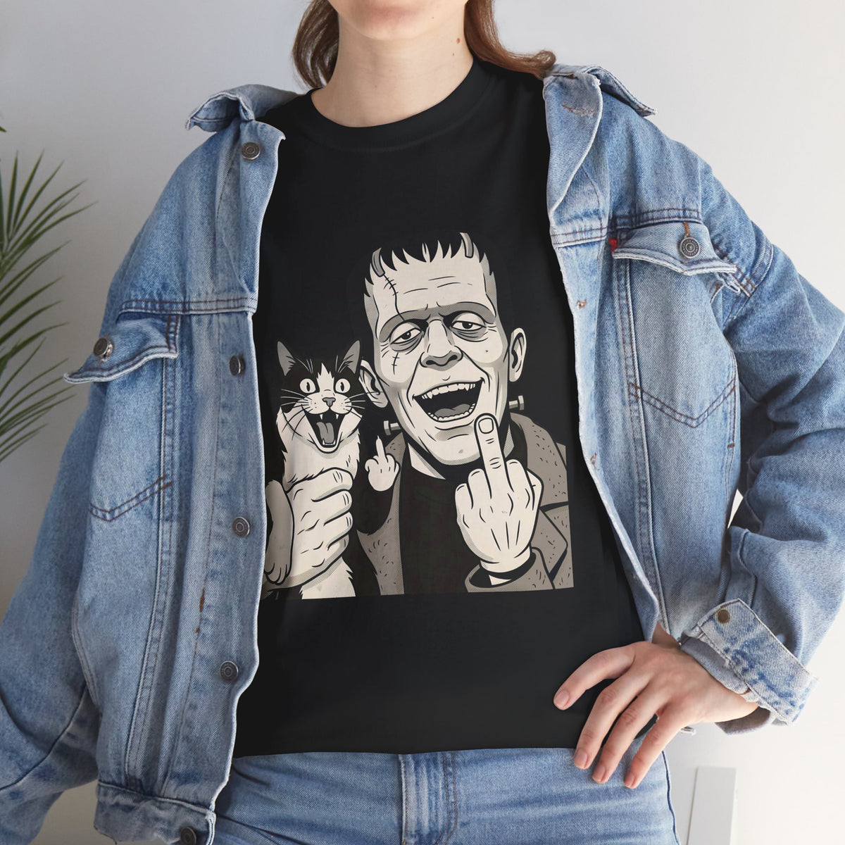 Frankenstein Cat T‑Shirt — Cute Spooky Cat & Frankenstein Design