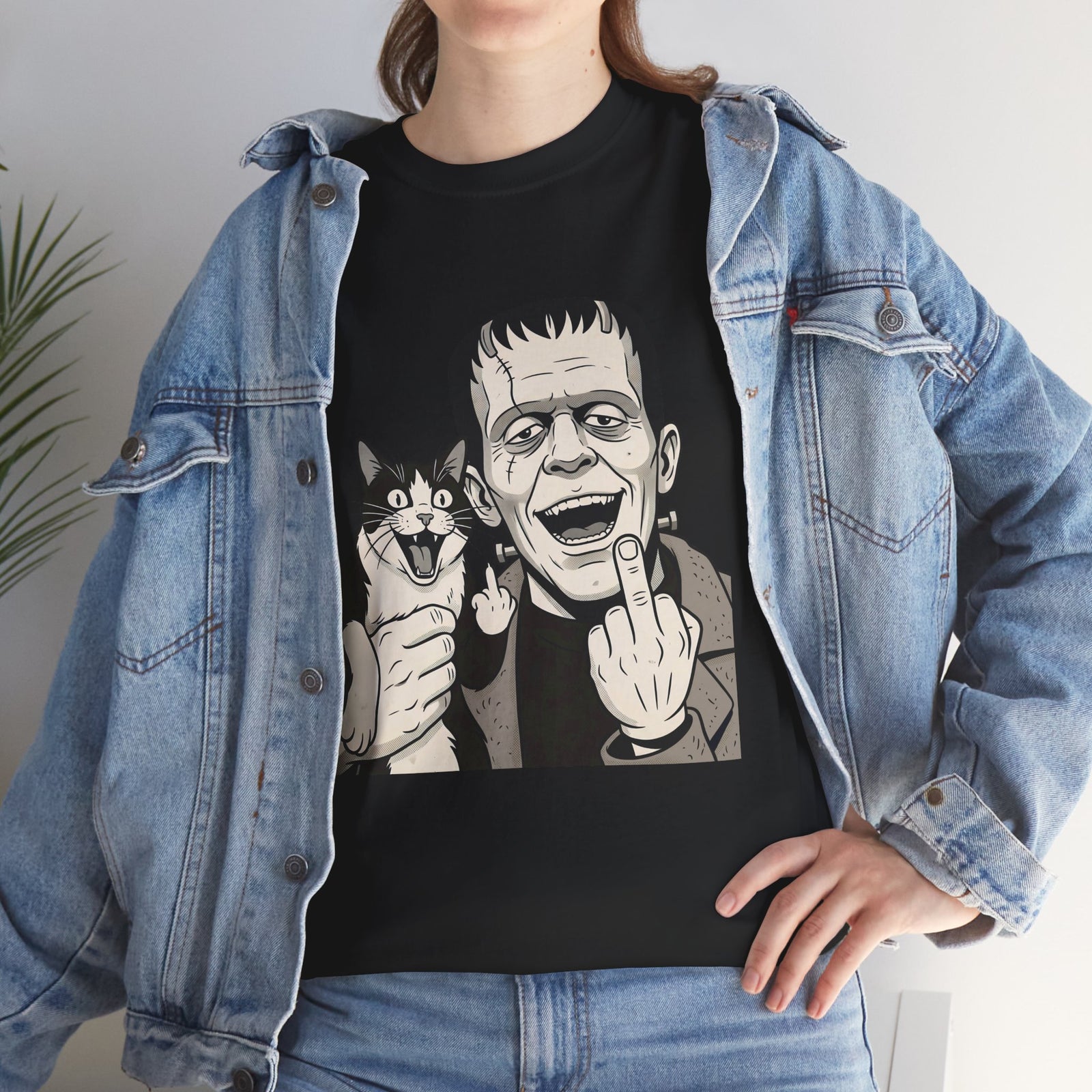 Frankenstein Cat T‑Shirt — Cute Spooky Cat & Frankenstein Design