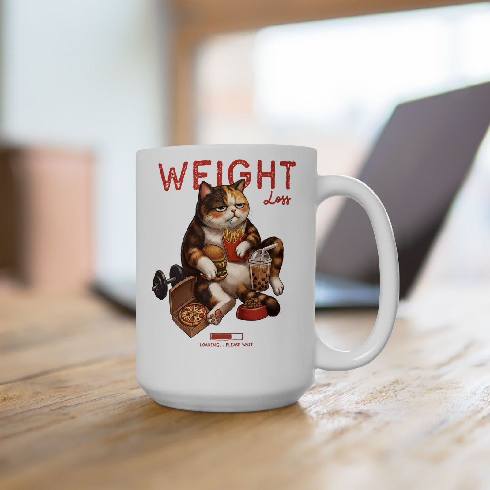 Weight Loss Loading Funny Cat Ceramic Mug — Chubby Calico Junk Food Mug