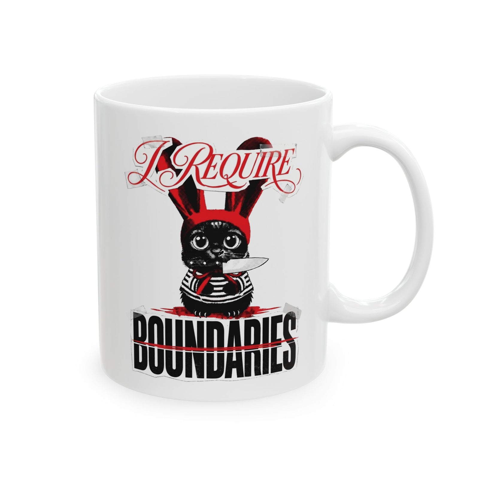 I Require Boundaries Ceramic Mug — Funny Creepy Cute Cat Knife Mug