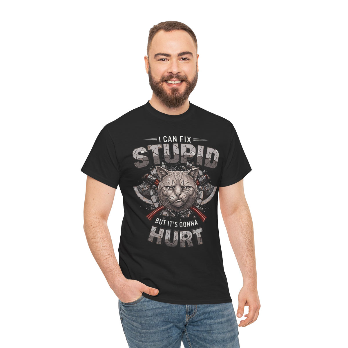 I Can Fix Stupid But It's Gonna Hurt T-Shirt — Edgy Battle Axe Cat Tee