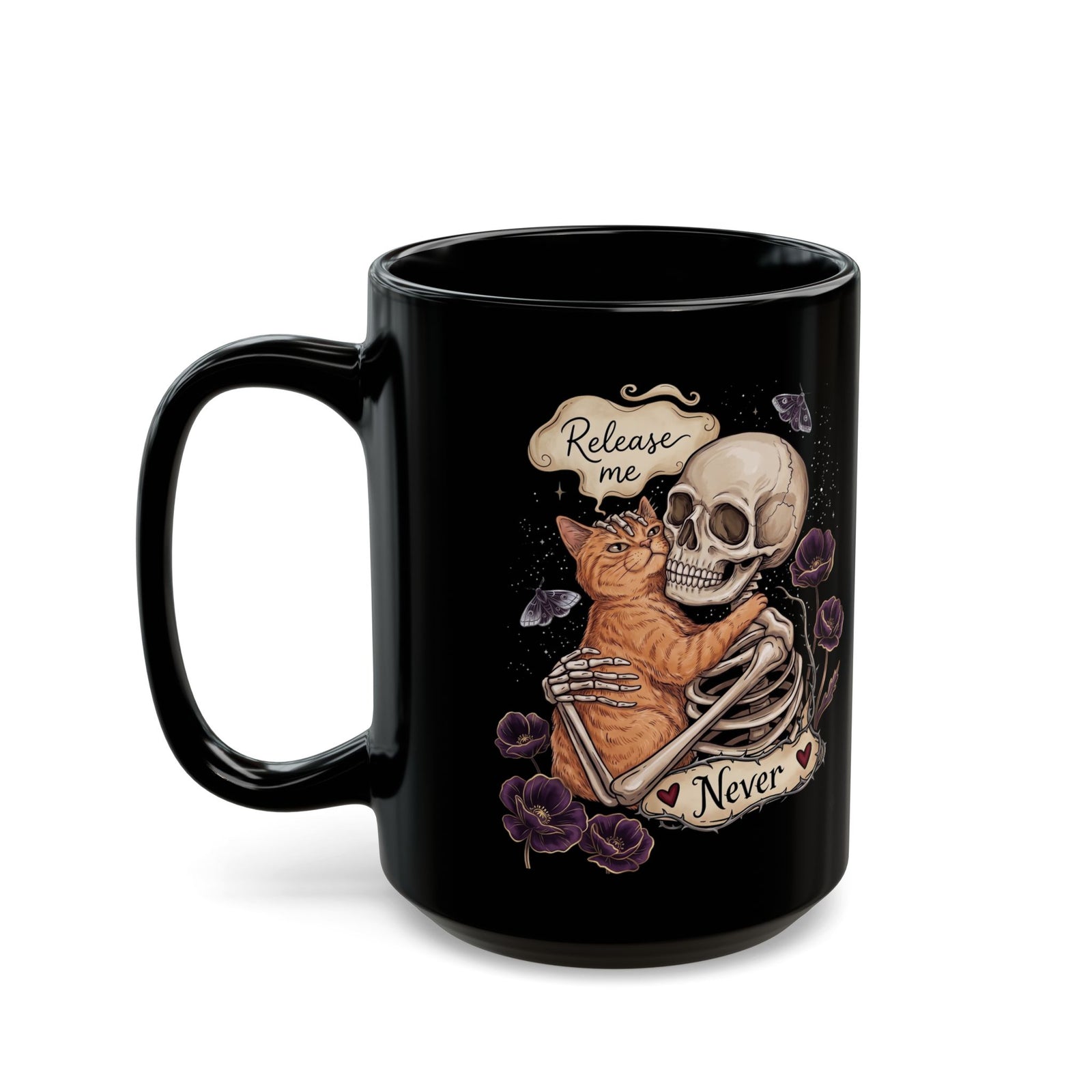Funny Clingy Skeleton & Cat Black Mug — Dark Aesthetic Cat Mug