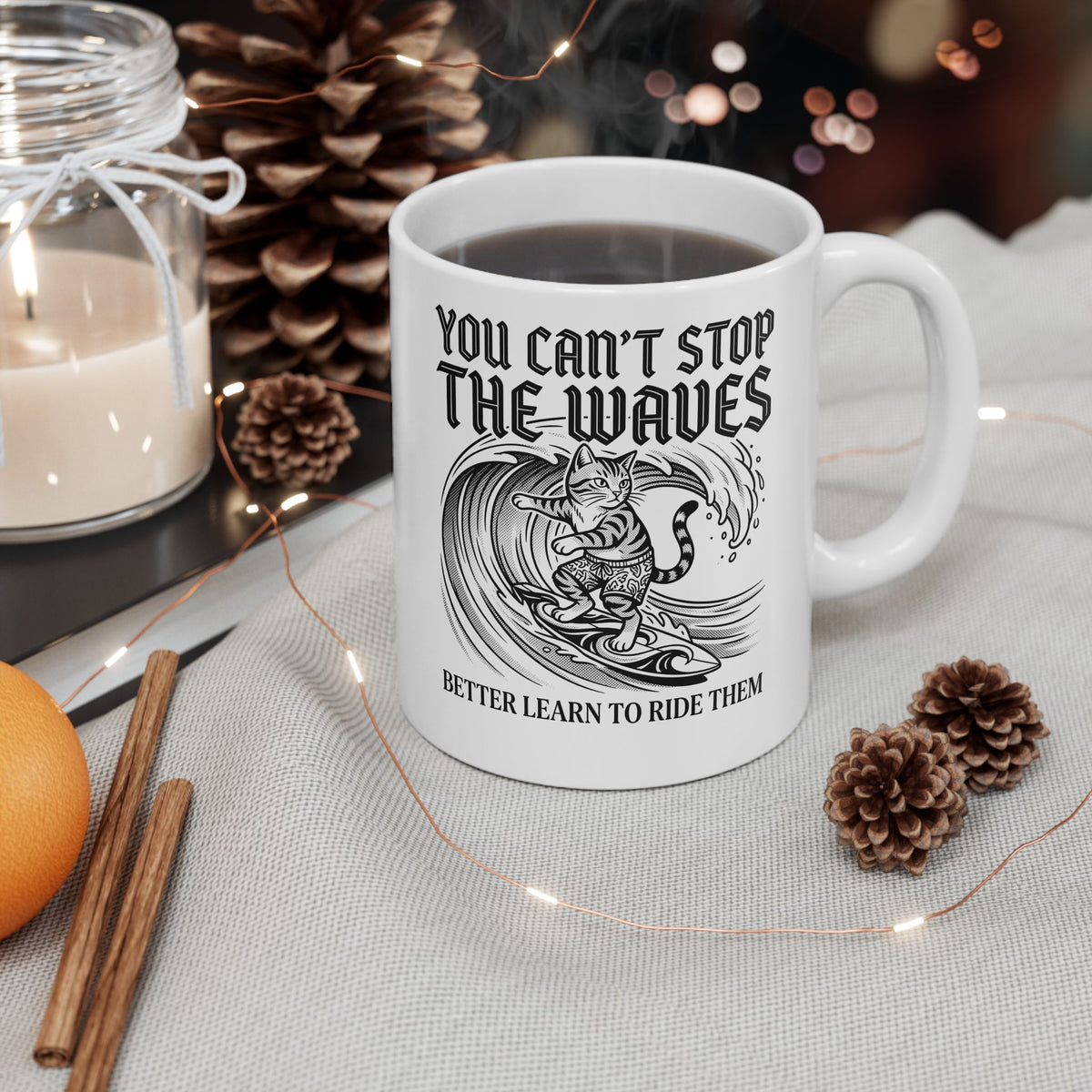 Vintage Surfer Cat Ceramic Mug — Monochrome Ocean Waves Graphic Mug