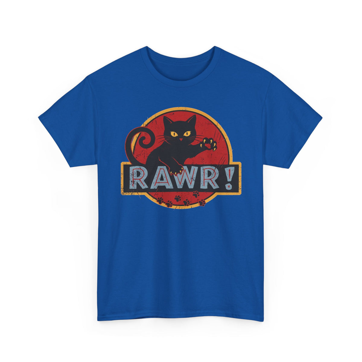 RAWR! Black Cat Graphic Tee — Vintage Dino Logo Parody T-Shirt