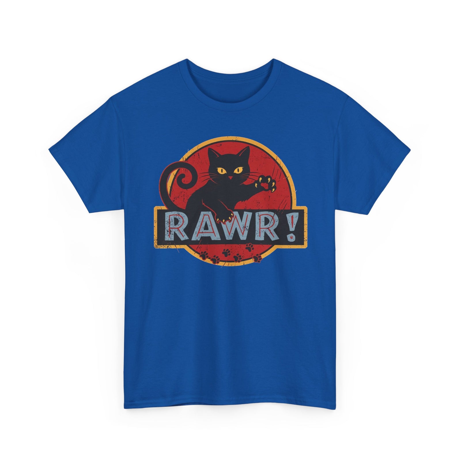 RAWR! Black Cat Graphic Tee — Vintage Dino Logo Parody T-Shirt