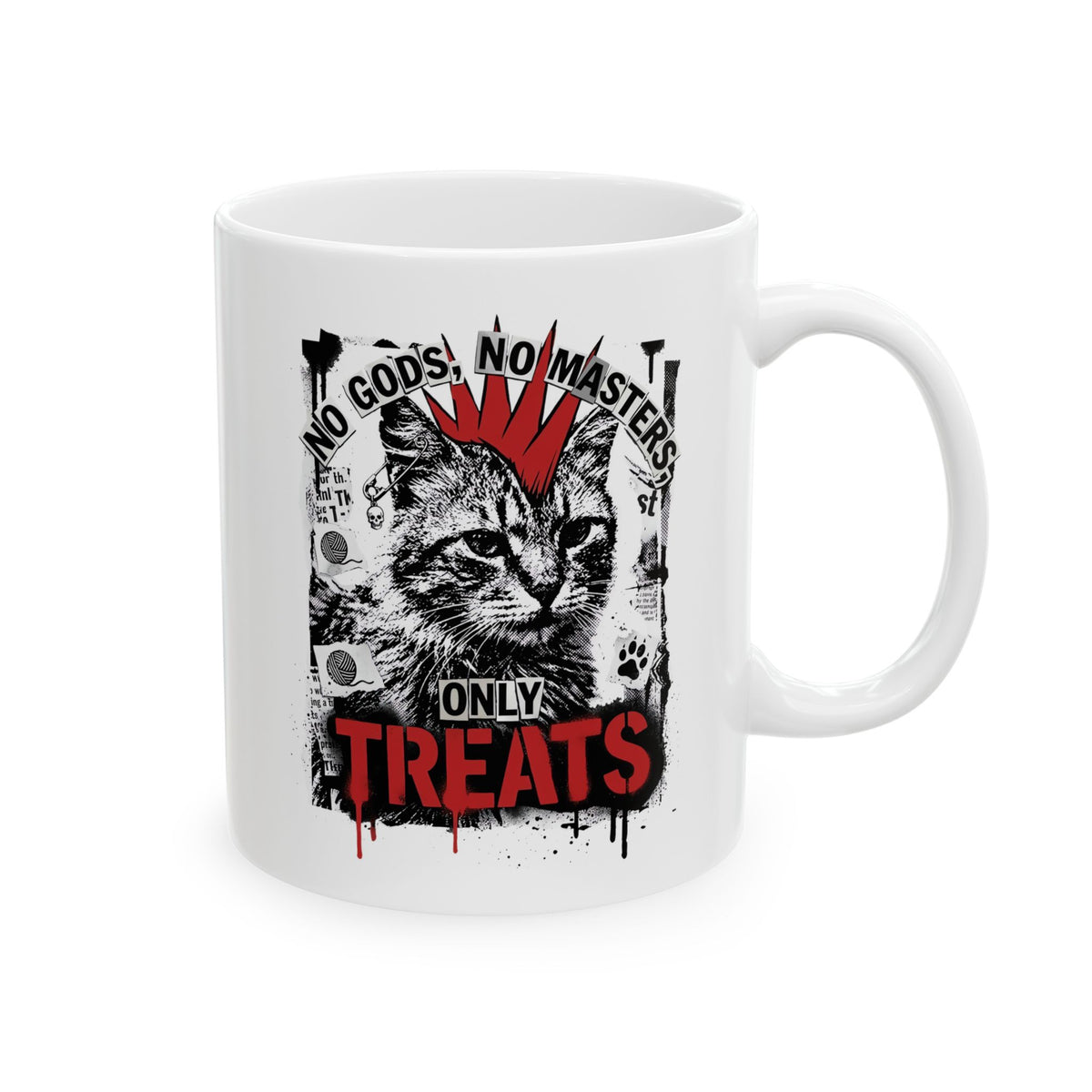 Punk Cat Mug — “No Gods No Masters, Only Treat” Graphic Ceramic Mug