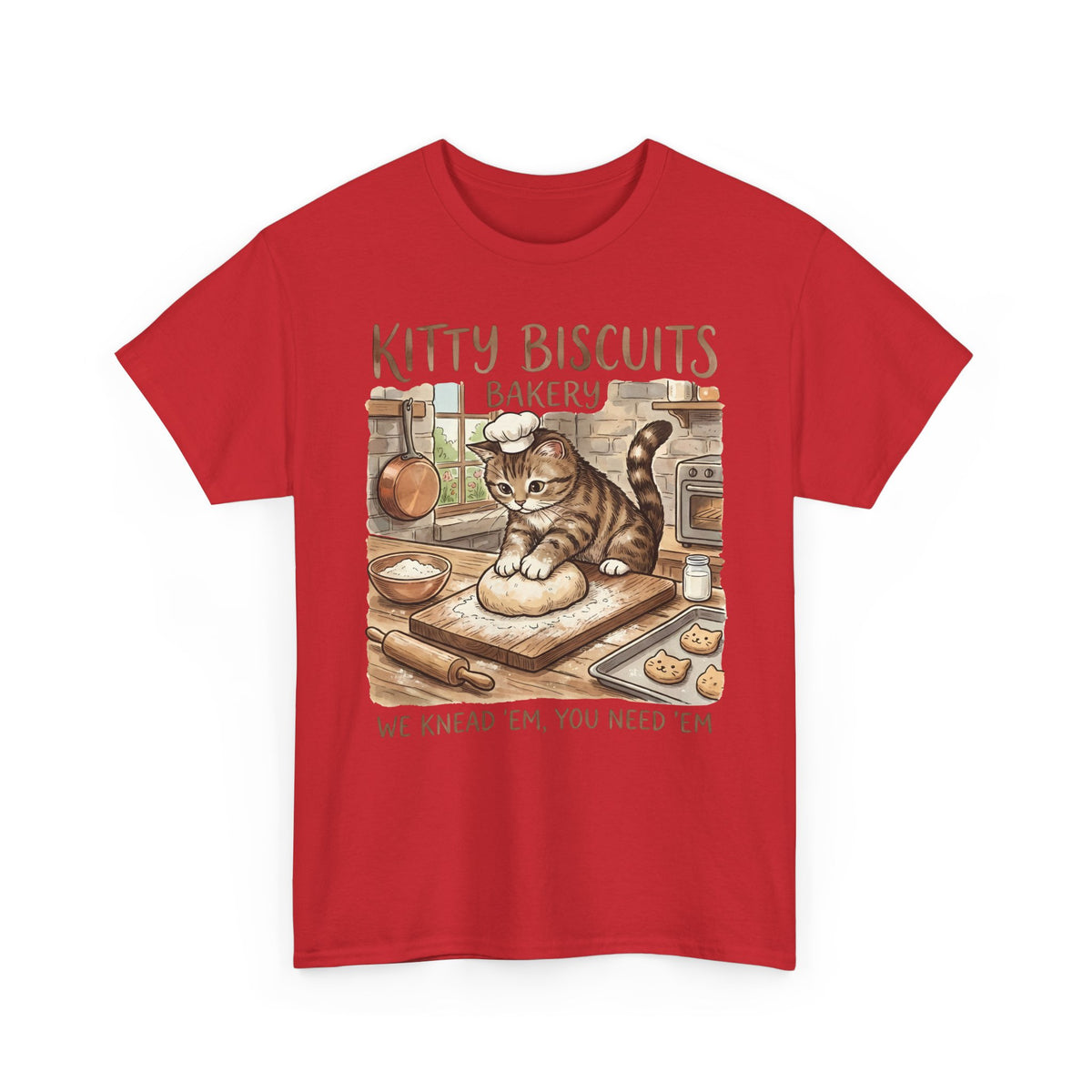 Kitty Biscuits Bakery T-Shirt — "We Knead 'Em We Need 'Em" Cat Bakery Tee