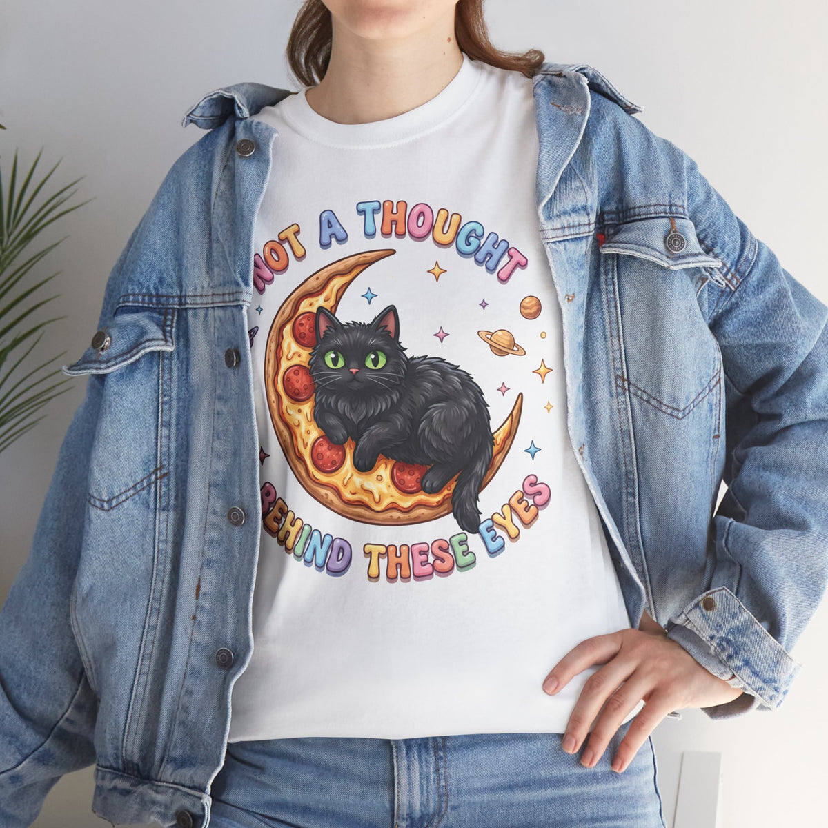 Not A Thought Behind These Eyes T-Shirt — Funny Black Cat Pizza Moon Tee