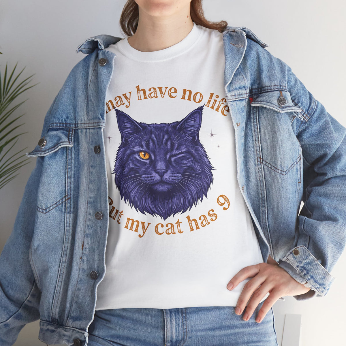 Cat Lover T‑Shirt — “I May Have No Life But My Cat Has 9” with Illustrated Cat