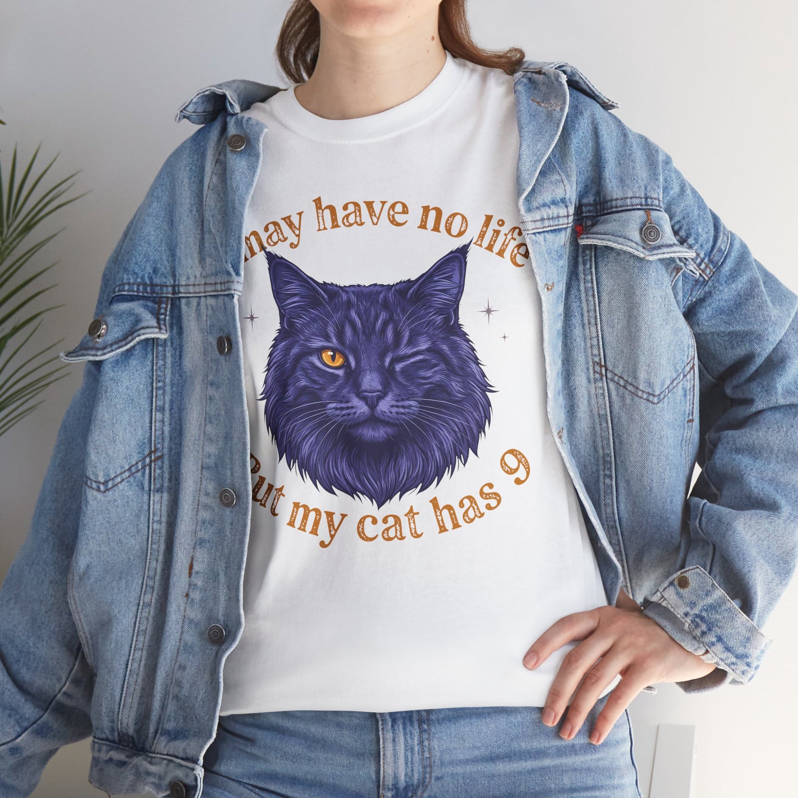 Cat Lover T‑Shirt — “I May Have No Life But My Cat Has 9” with Illustrated Cat