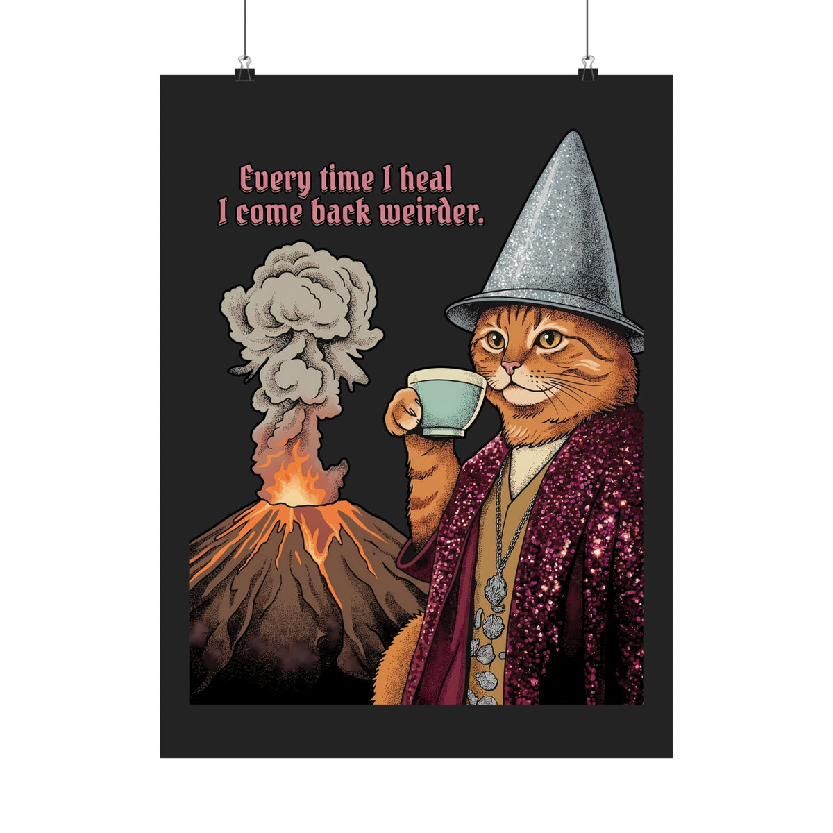 Weird Healing Journey Cat Poster — Retro Feline Tea Time Aesthetic Poster