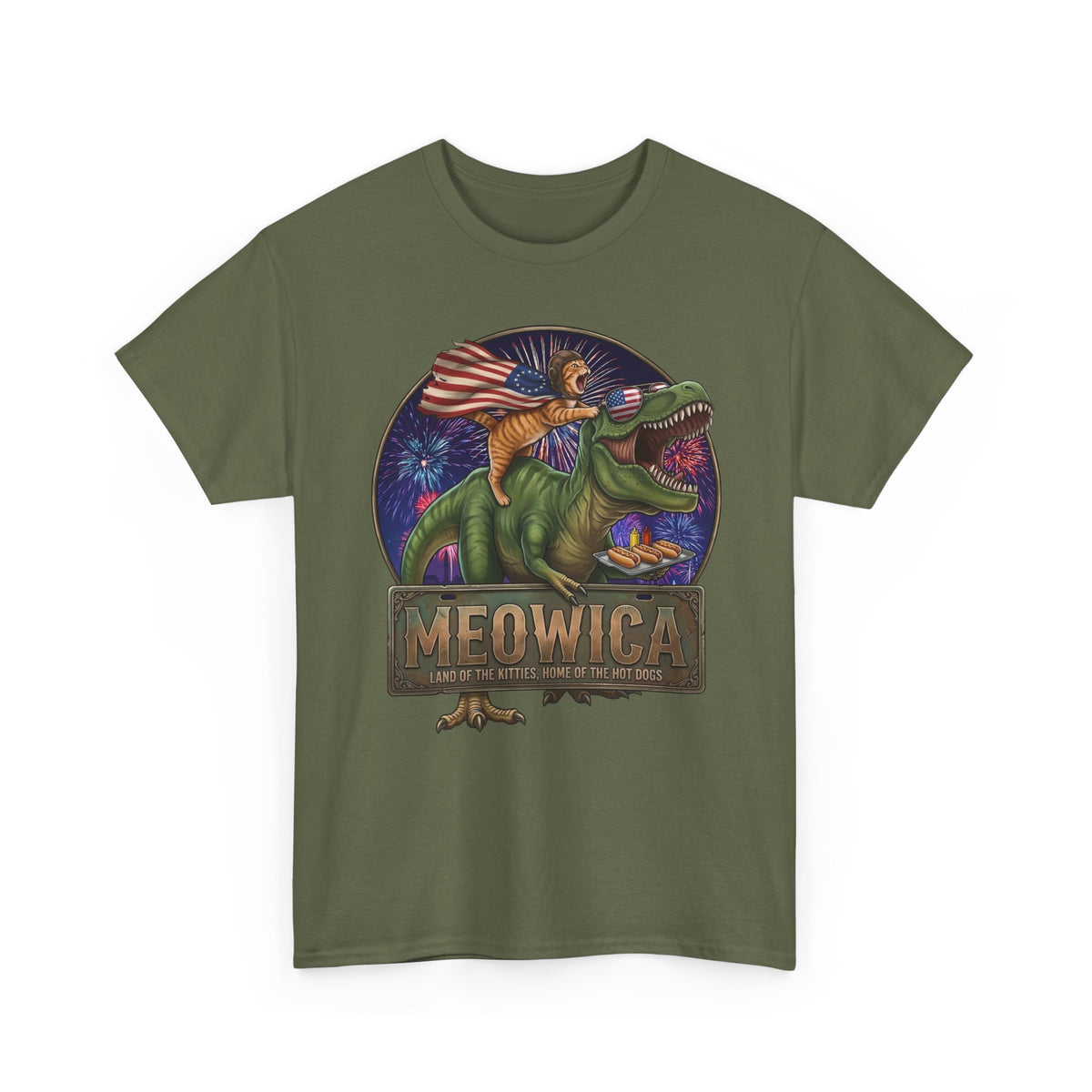 4th of July Cat Riding T‑Rex T‑Shirt "Meowica: Land of the Kitties" Patriotic Graphic
