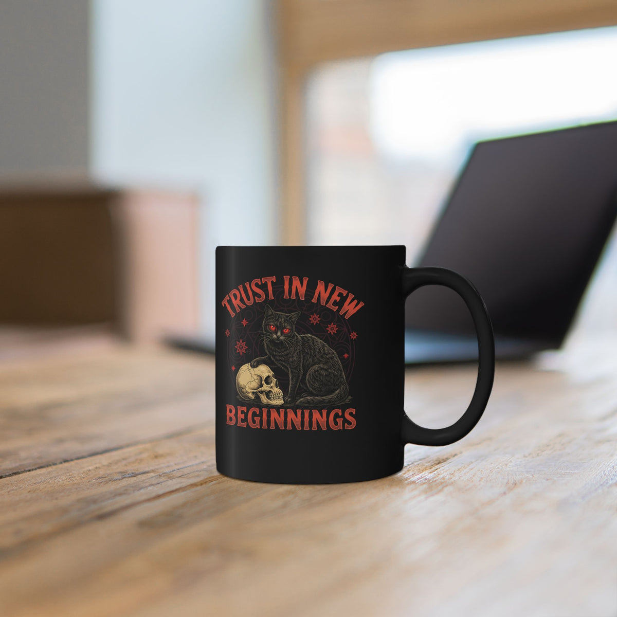 Trust In New Beginnings Cat Black Mug — Occult Black Cat Skull Gothic Mug
