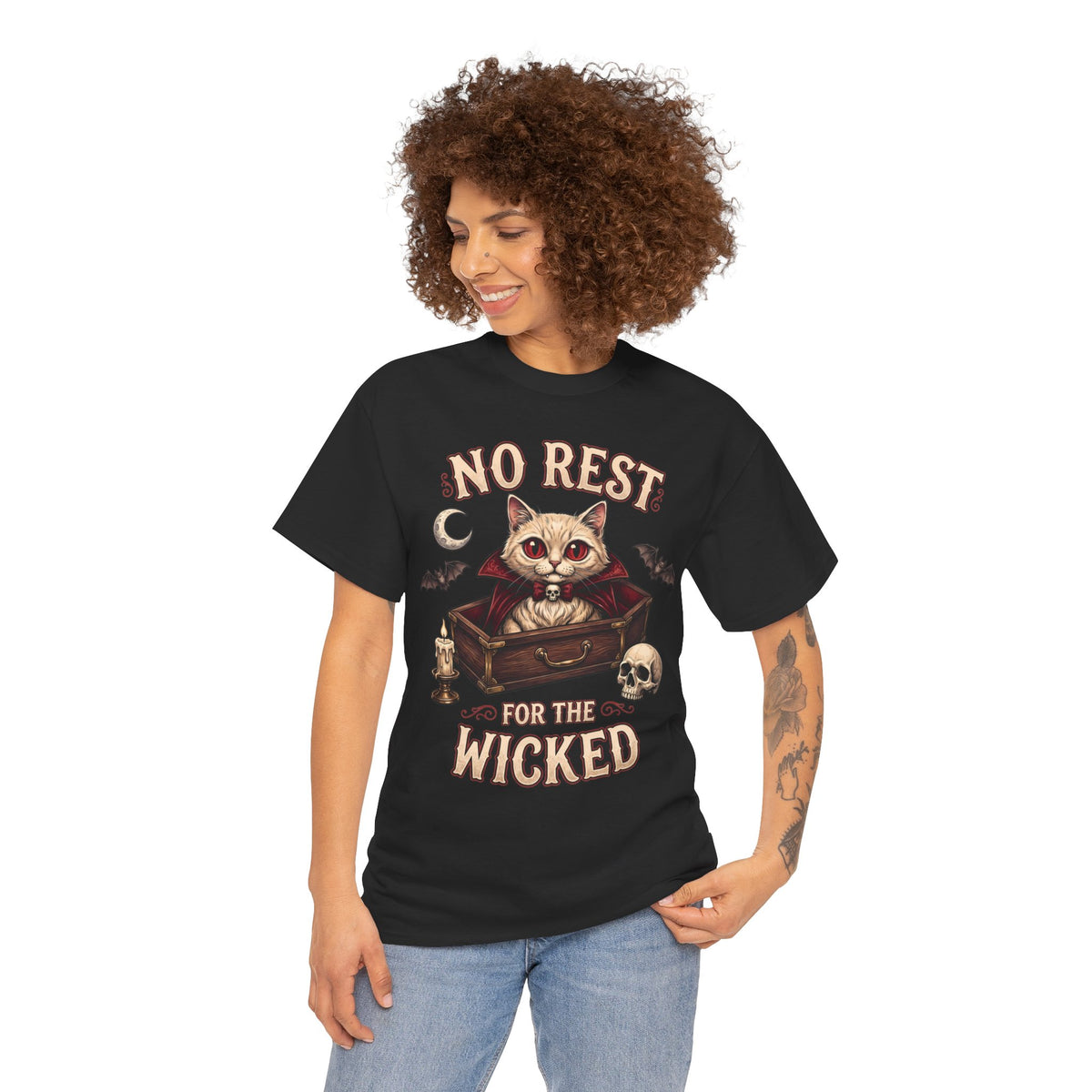 No Rest For The Wicked Vampire Cat Coffin Shirt — Gothic Halloween Tee