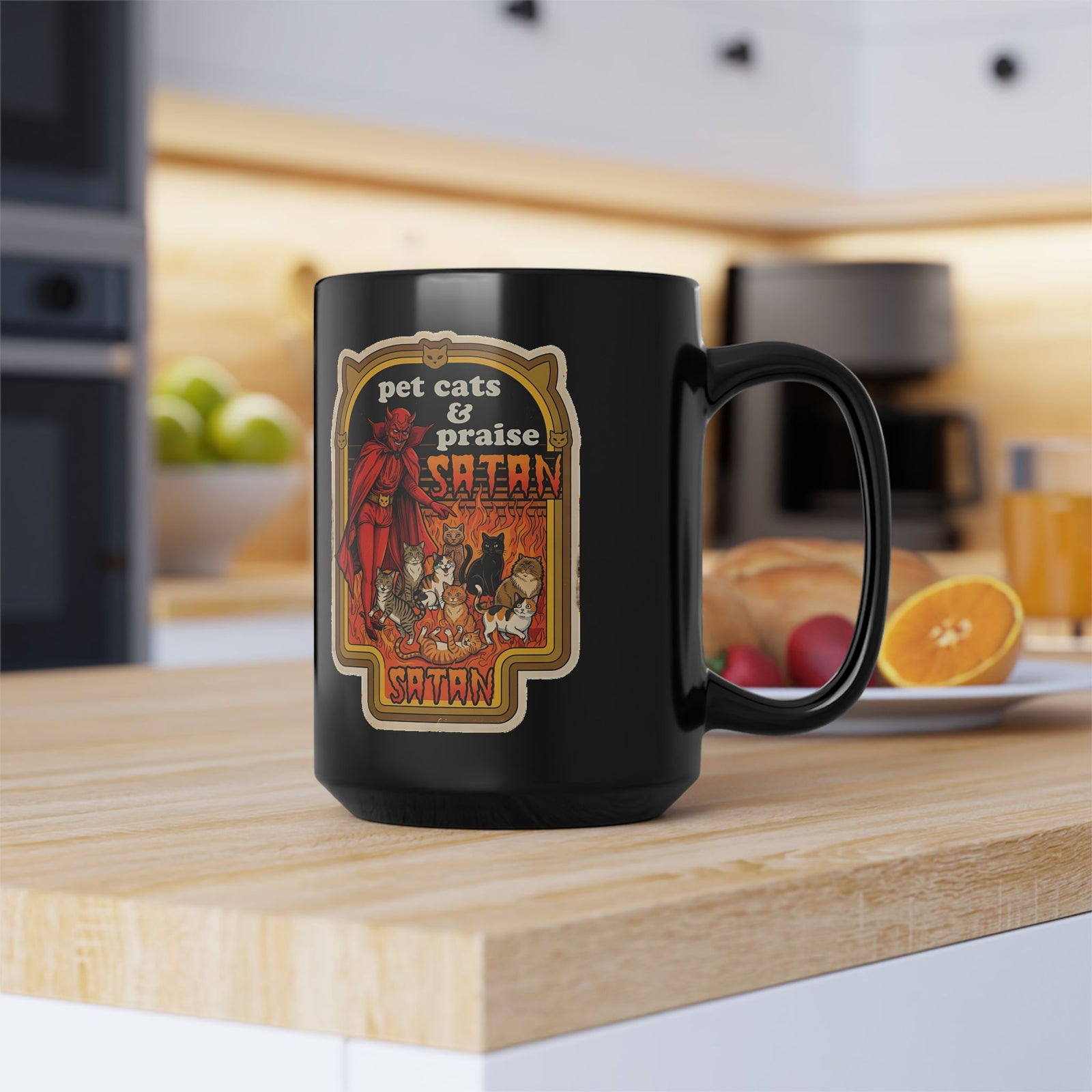 Pet Cats and Praise Satan Black Mug — Gothic Cat Lover Mug