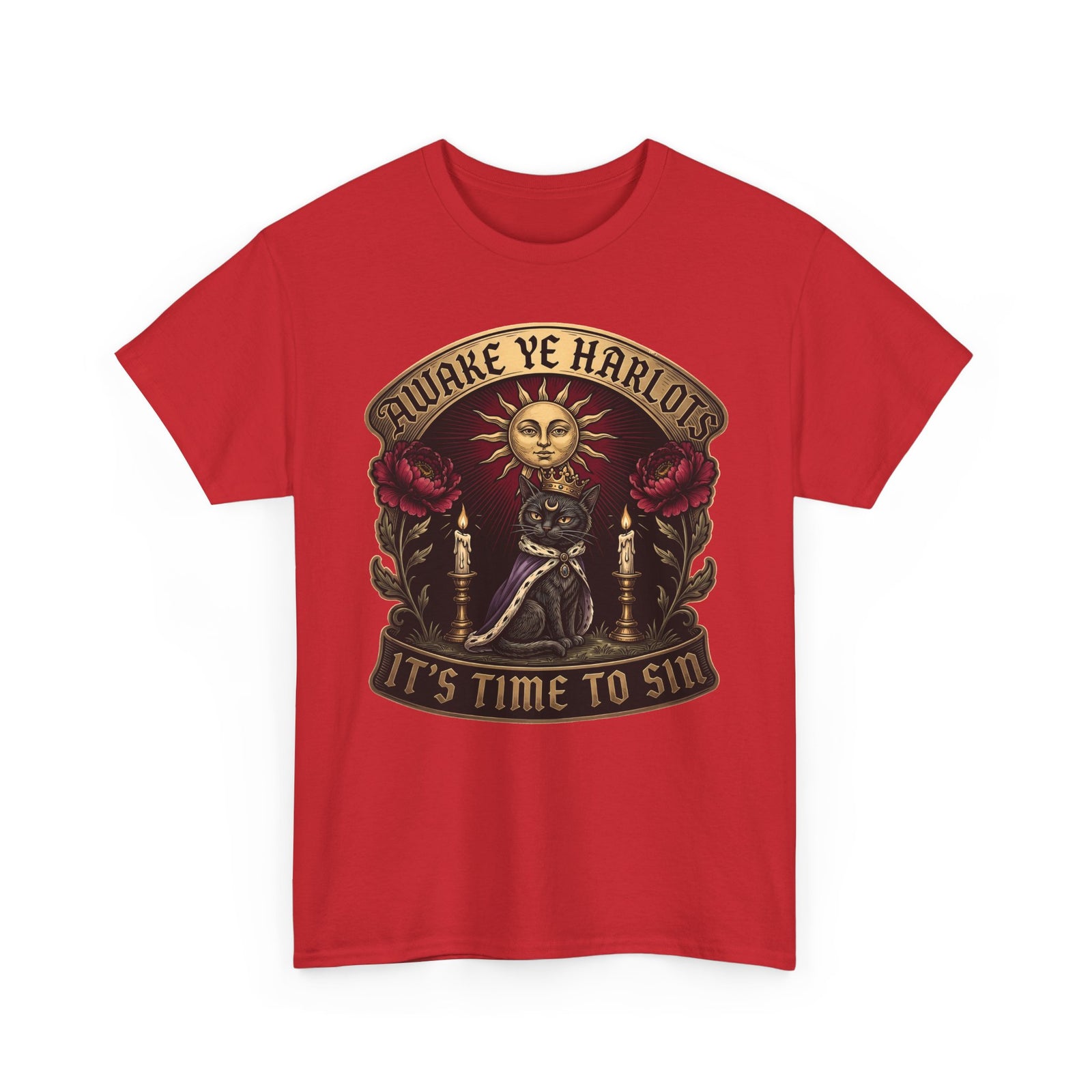 Awake Ye Harlots It's Time To Sin T-Shirt — Mystical Crowned Black Cat Tee