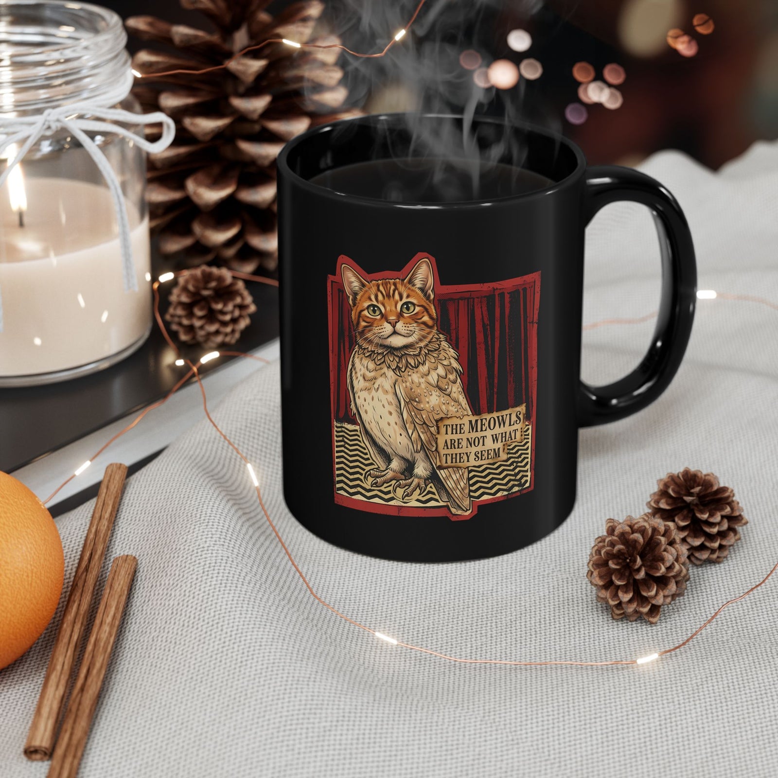 Meowls Are Not What They Seem Black Mug — Mysterious Cat Quote Mug