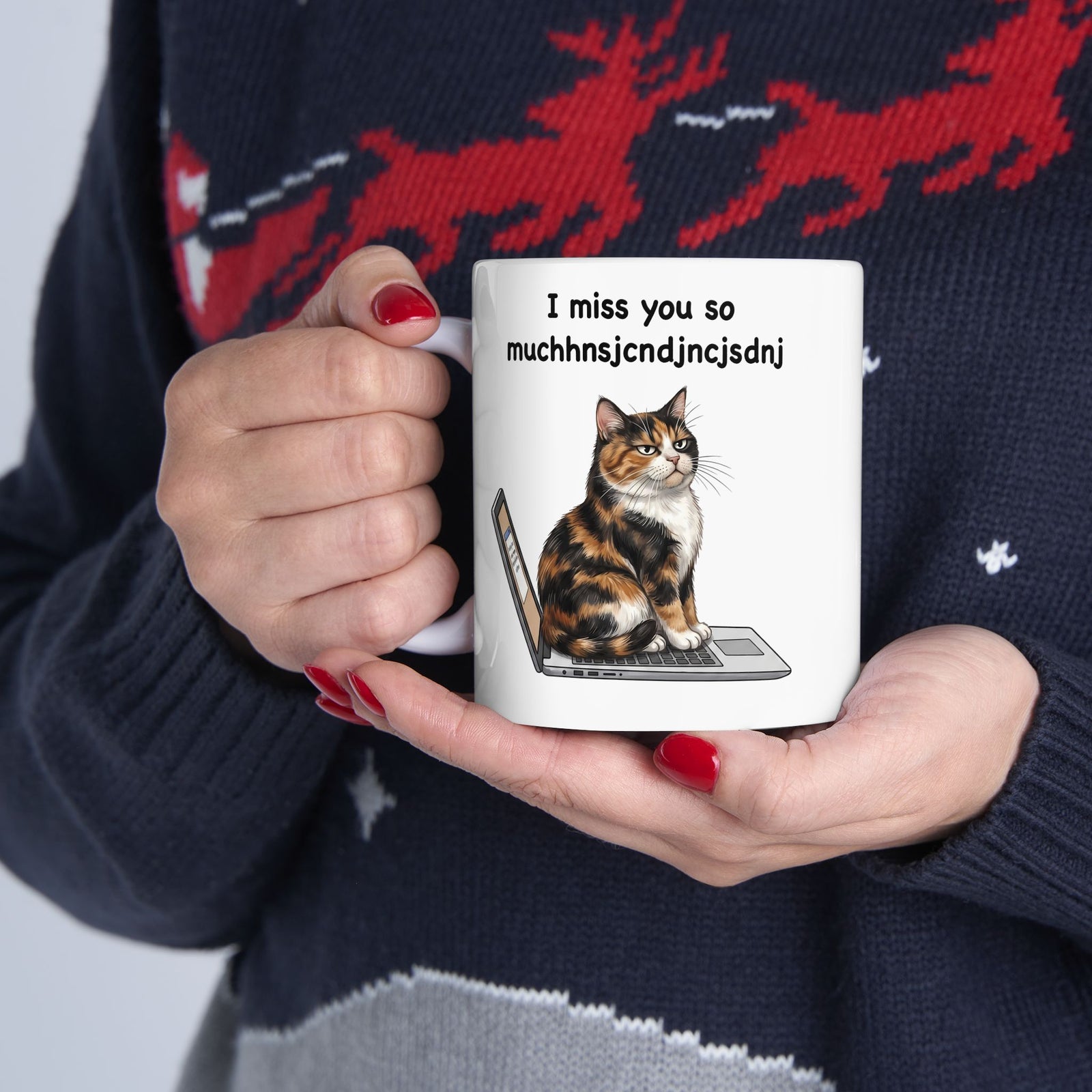 I Miss You So Much Keysmash Ceramic Mug — Funny Calico Cat Laptop Mug