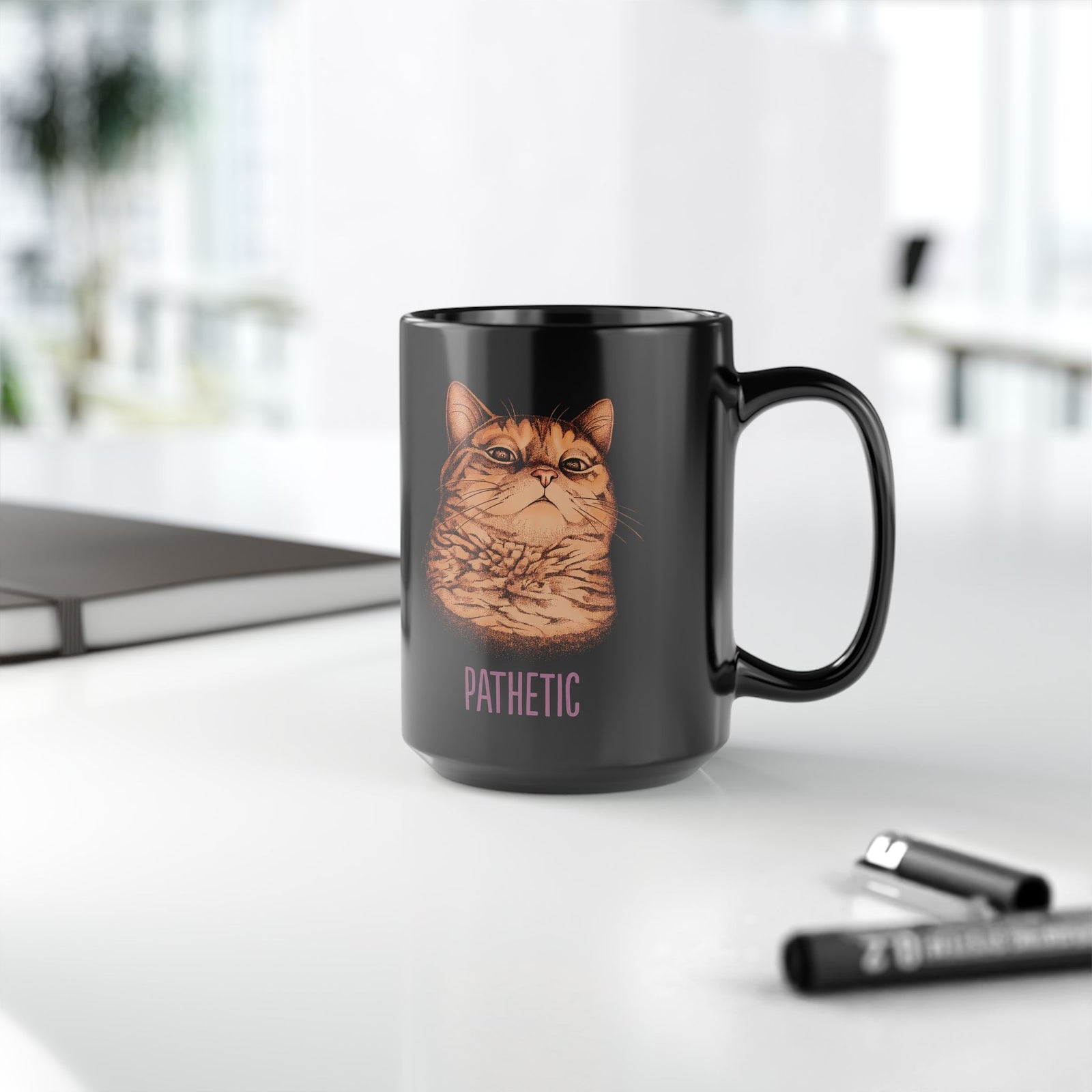 Pathetic Judgmental Cat Black Mug — Funny Orange Tabby Meme Graphic Mug