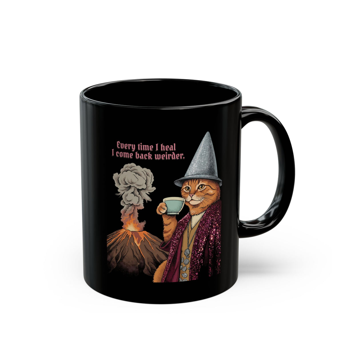 Weird Healing Journey Cat Black Mug — Retro Feline Tea Time Aesthetic Mug