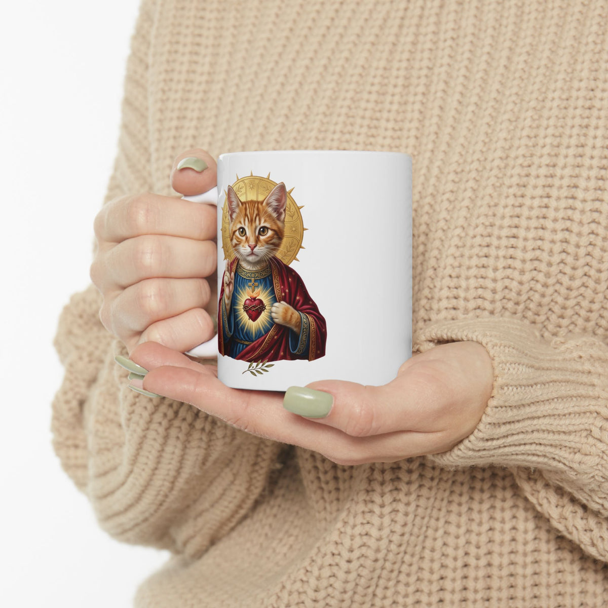 Sacred Heart Cat Ceramic Mug — Christian Religious Cat Lover Graphic Mug