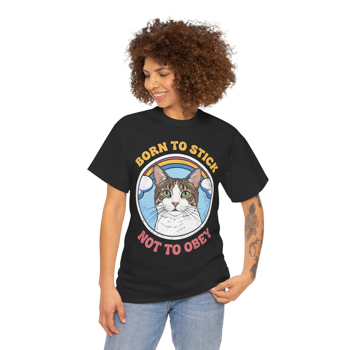 Born To Stick Not To Obey T-Shirt — Retro Rainbow Cat Graphic Tee