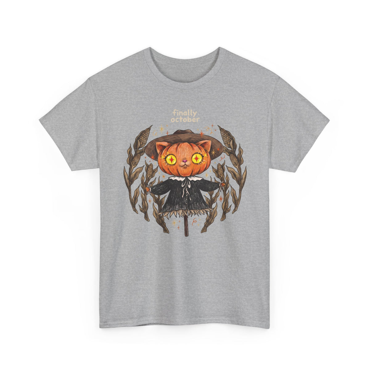 Finally October Pumpkin Cat Scarecrow T-Shirt — Vintage Autumn Halloween Tee