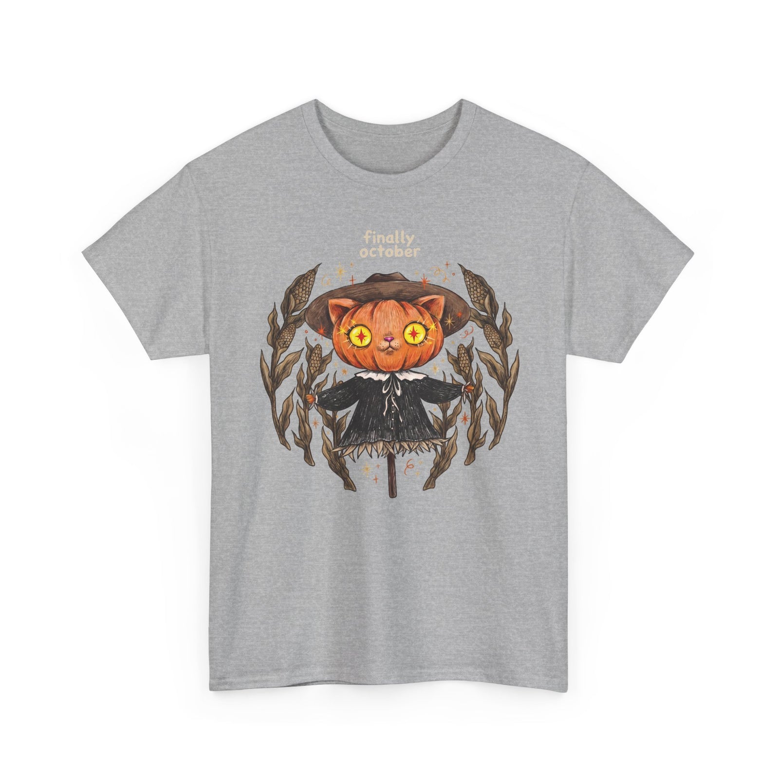 Finally October Pumpkin Cat Scarecrow T-Shirt — Vintage Autumn Halloween Tee