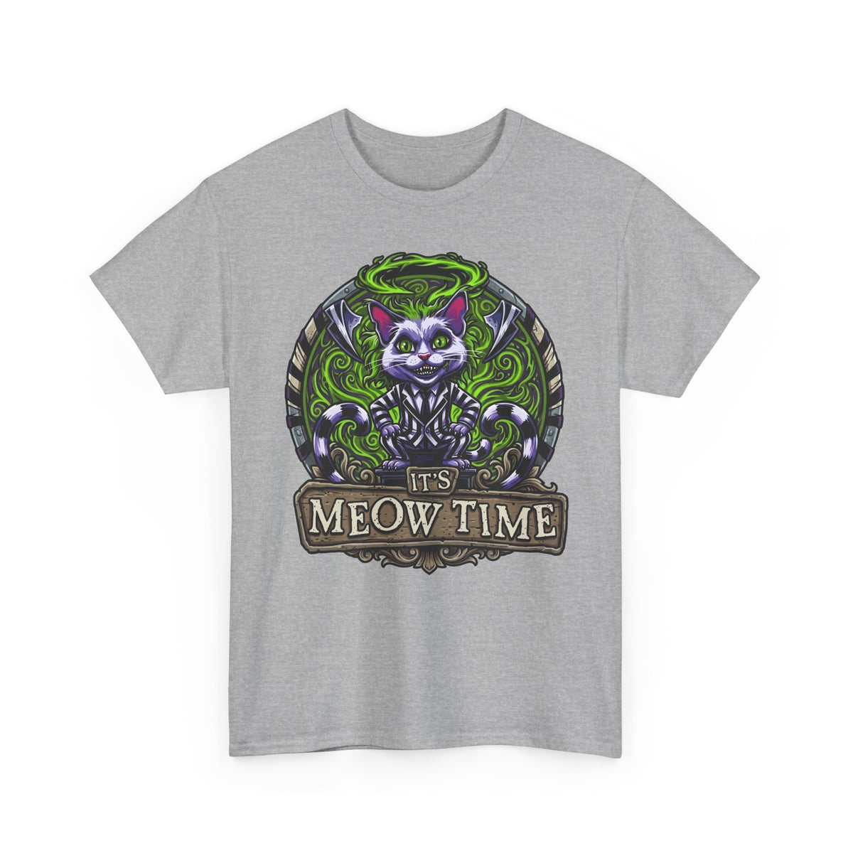It's Meow Time Cat T‑Shirt — Gothic Neon Halloween Cat Graphic Tee