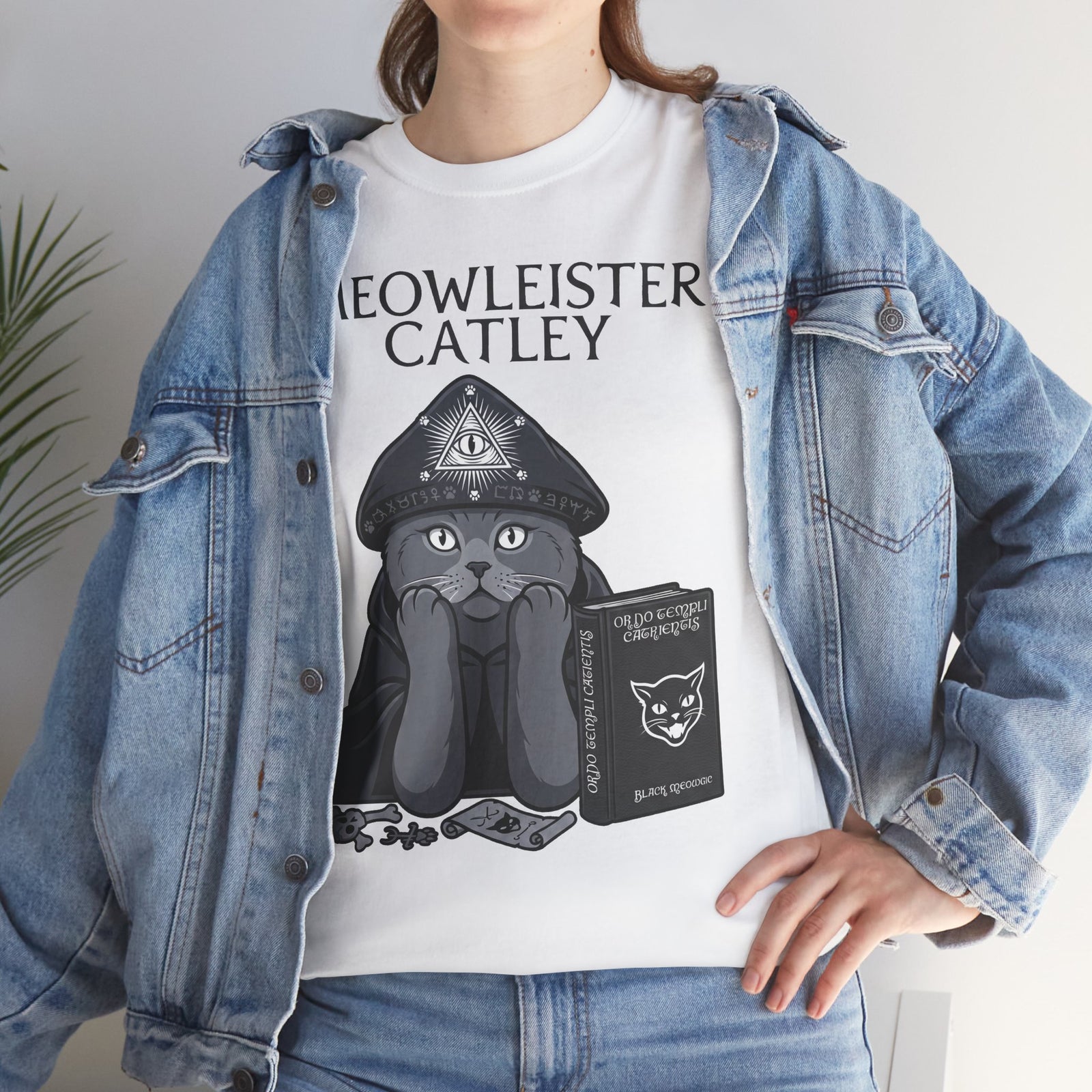 Meowleister Catley T-Shirt — Witchy Cat with Spellbook Graphic