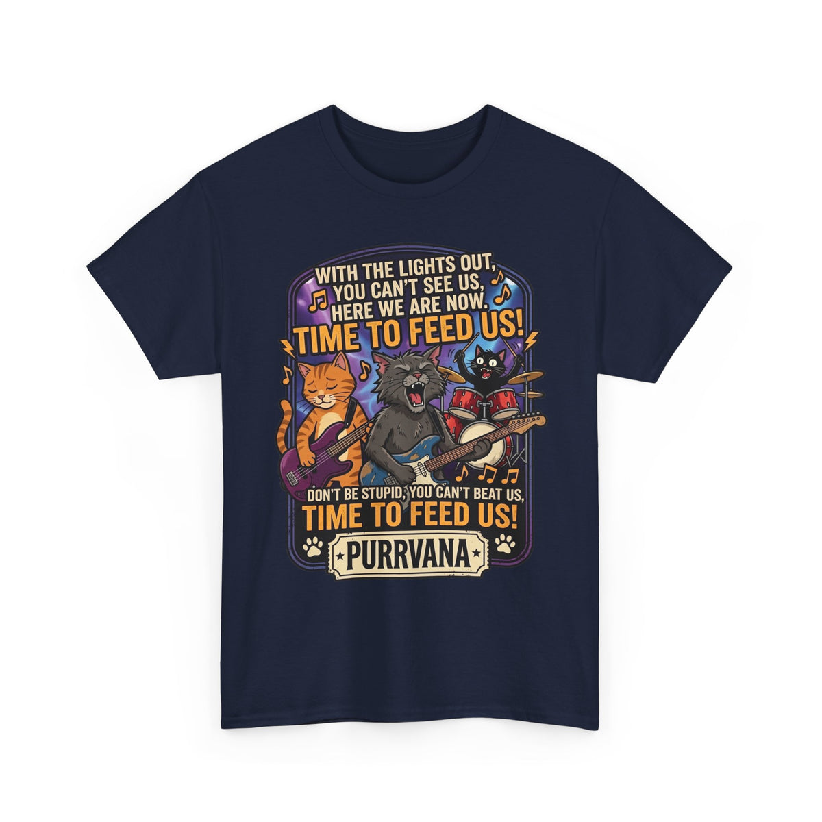 Purrvana Cat Band Graphic Tee — “Time to Feed Us!” Funny Cat Music T-Shirt