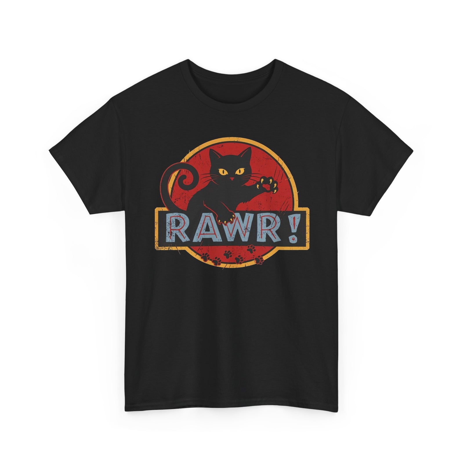 RAWR! Black Cat Graphic Tee — Vintage Dino Logo Parody T-Shirt