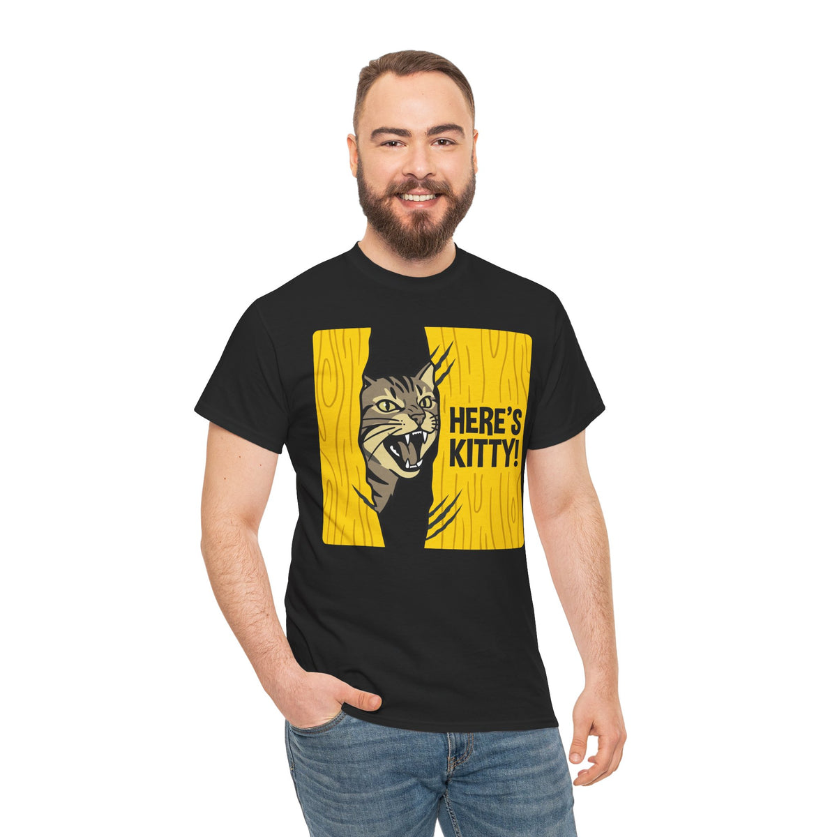Funny Cat Parody T-Shirt — "Here's Kitty" Graphic Tee