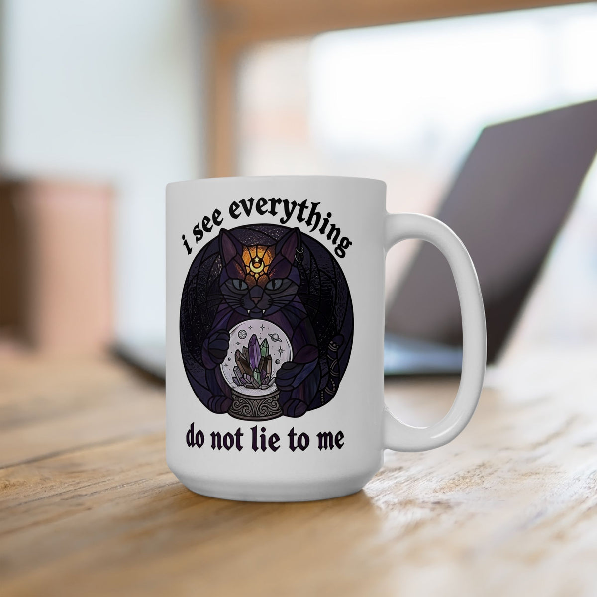 Mystic Fortune Teller Cat Ceramic Mug "I See Everything" Stained Glass Spiritual Kitten