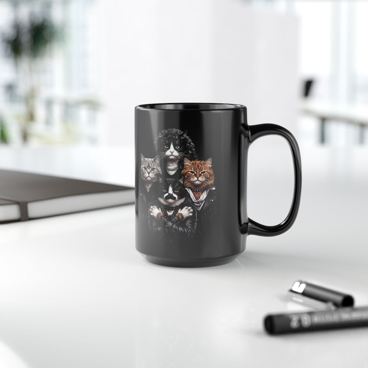Bohemian Catsody Black Mug — Retro 80s Hard Rock Feline Band Parody