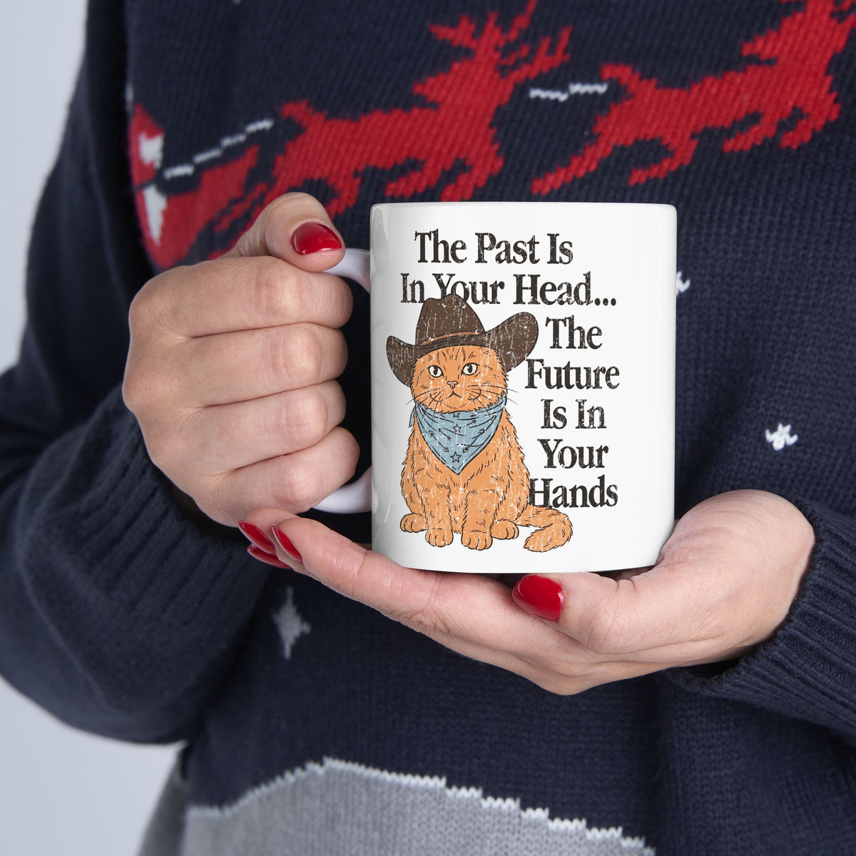 Cowboy Cat Ceramic Mug The Past Is In Your Head, The Future Is In Your Hands