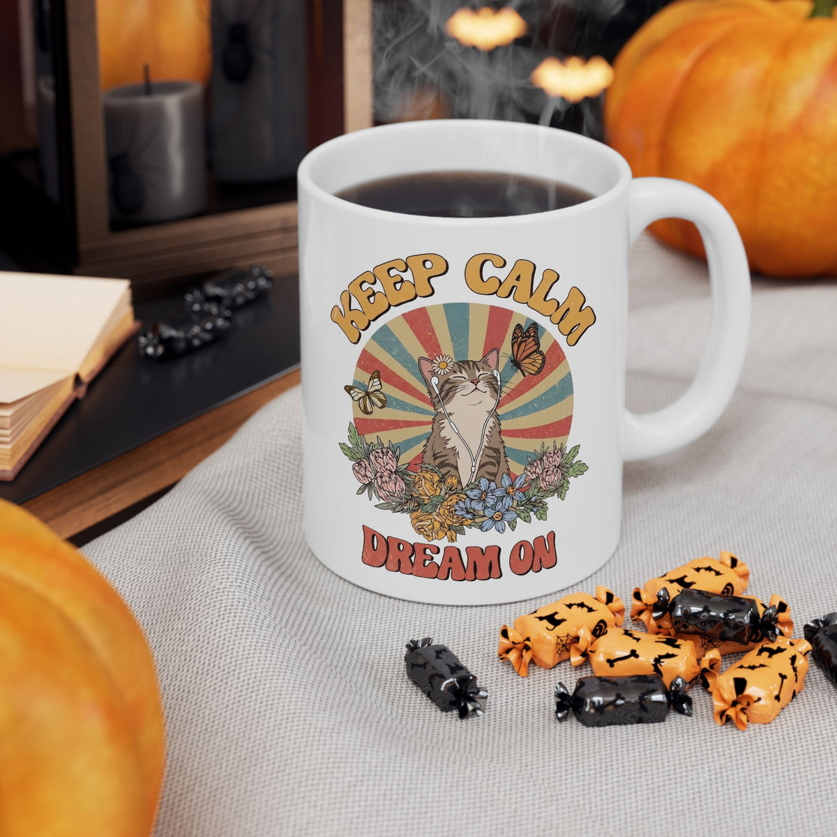 Keep Calm Dream On Cat Ceramic Mug — Retro 70s Hippie Feline Graphic