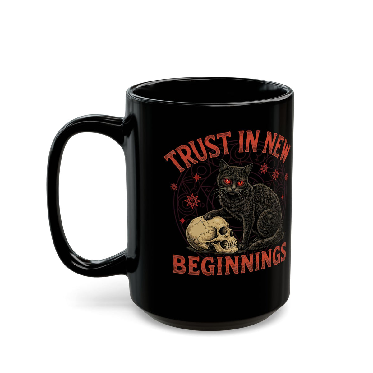 Trust In New Beginnings Cat Black Mug — Occult Black Cat Skull Gothic Mug