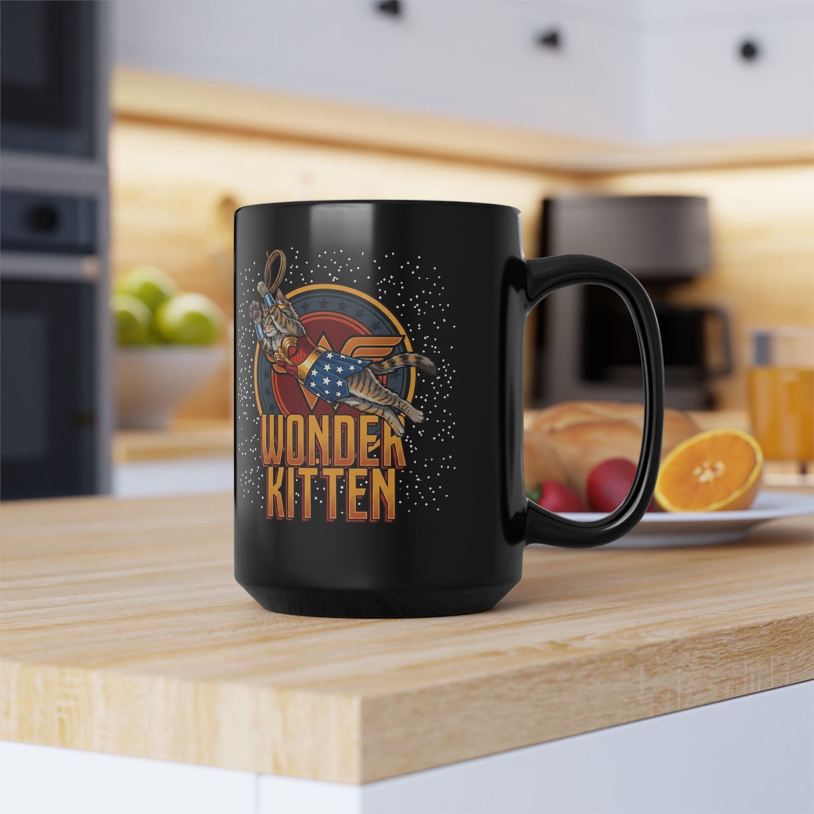 Wonder Kitten Black Mug — Cute Graphic Cat Mug