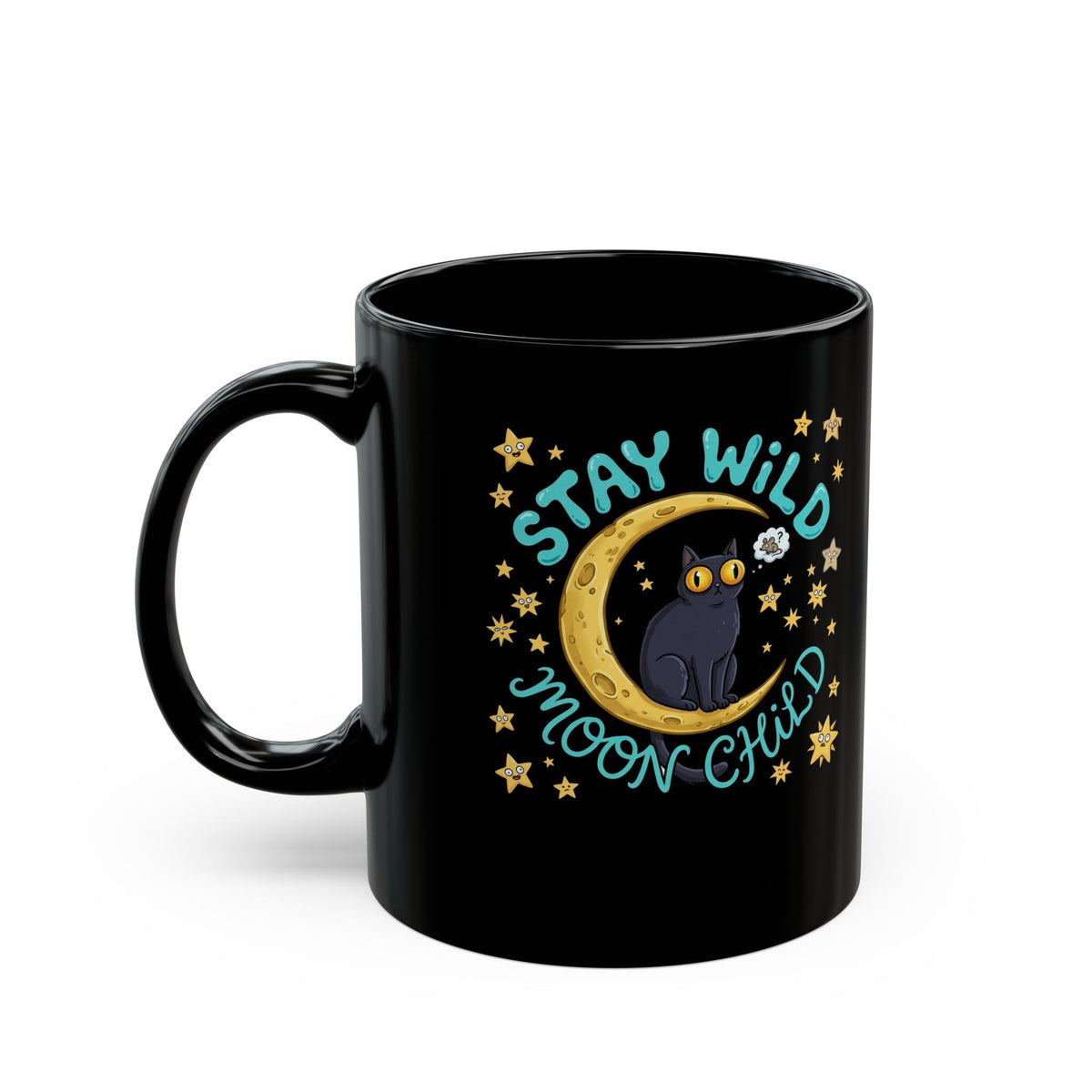 Cat 'Stay Wild Moon Child' Black Mug